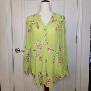 Fig & Flowers Lime Green Multicolor Floral Embroidered Button Up Blouse
